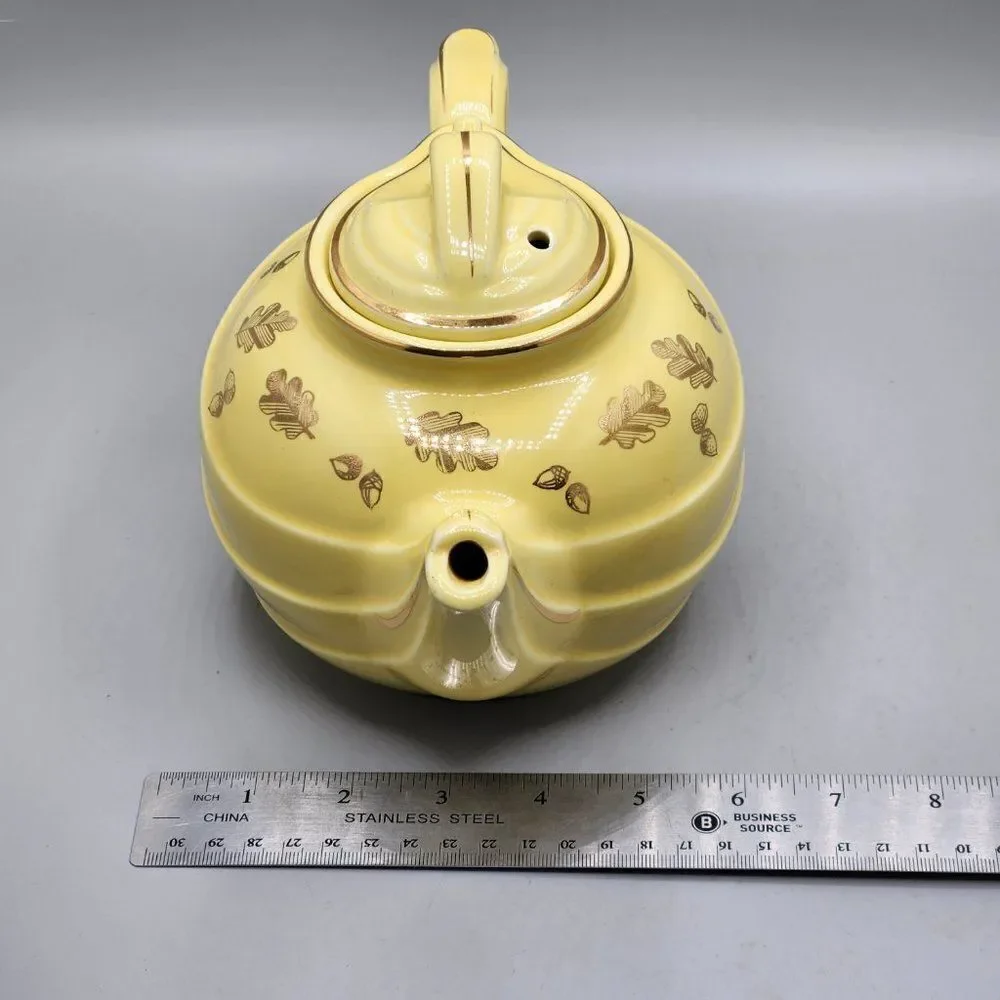 Vtg HALL Teapot Yellow 6 Cup 0799 Made in USA Art Deco Gold Trim Autumn Leaves